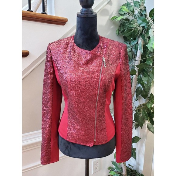 Basler Women's Red Sequin Long Sleeve Casual Full Zip Front Jacket Size 38 M - Picture 12 of 13